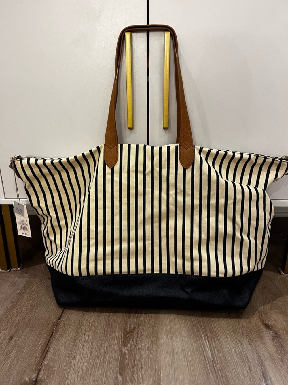 🆕Striped Canvas & Leather Tote Bag in Navy and Cream
